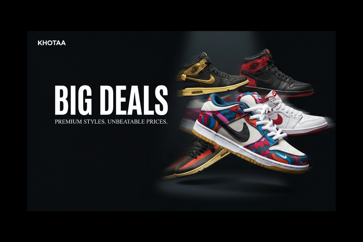 A promotional poster featuring a Nike sneaker with a colorful abstract pattern, set against a dark background with the text 'BIG DEALS' and 'PREMIUM STYLES. UNBEATABLE PRICES.