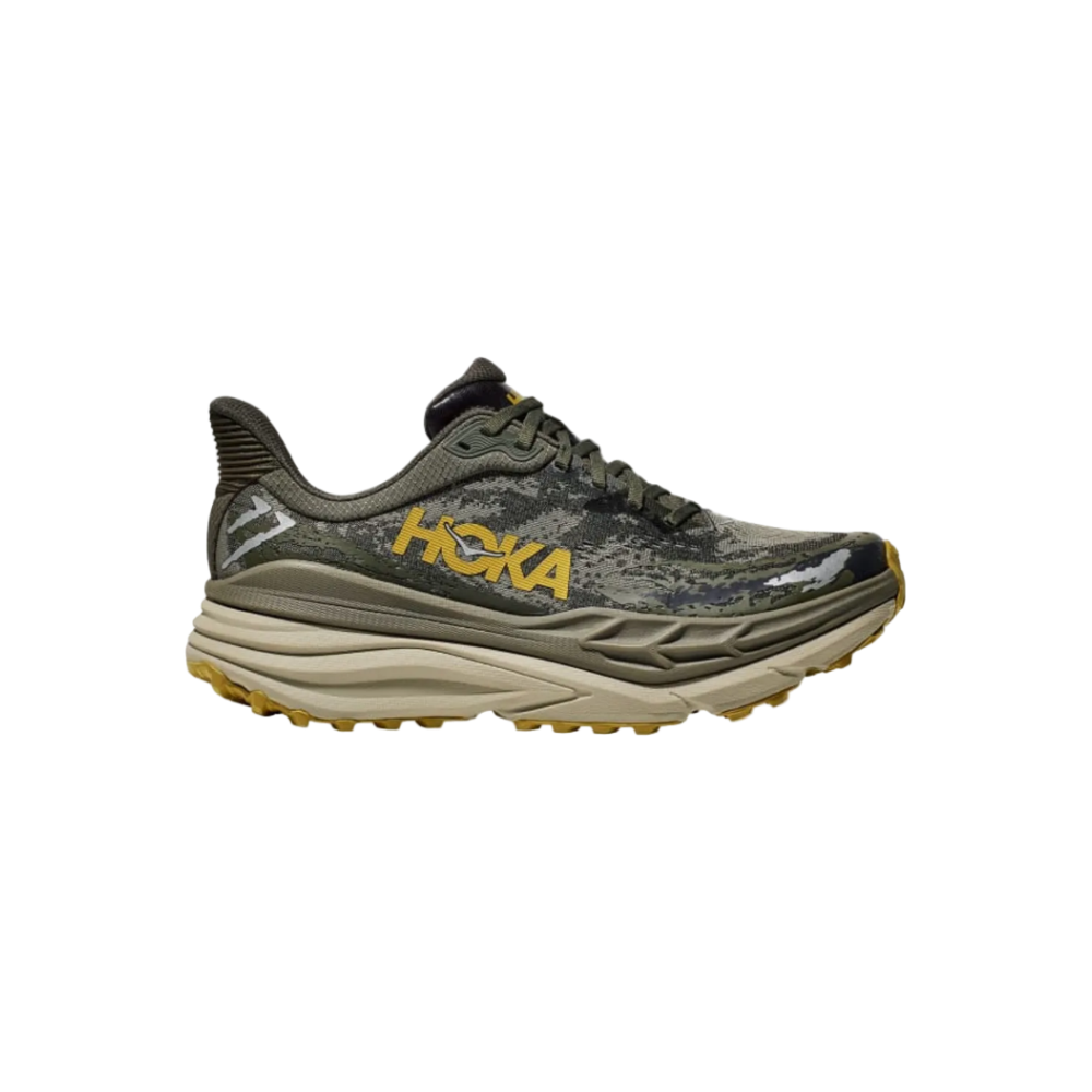 Hoka Stinson 7 colorway is identified as Olive Haze-Forest Cover.